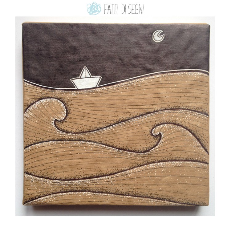 quadro su cartone rivestito di carta da pacchi realizzato con penne a sfera e pennarelli.