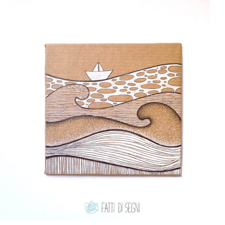 quadro su cartone rivestito di carta da pacchi realizzato con penne a sfera e pennarelli.