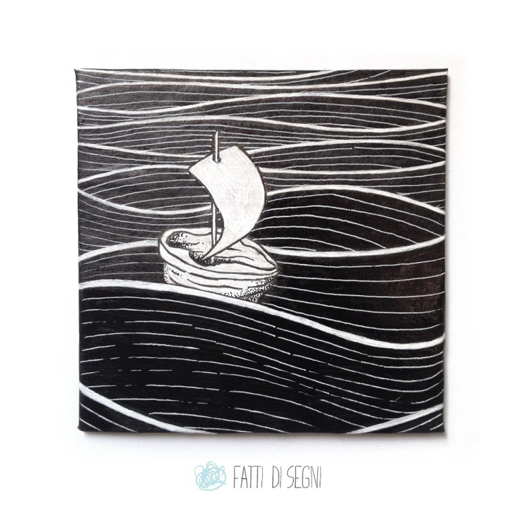 quadro su cartone rivestito di carta da pacchi realizzato con penne a sfera e pennarelli.