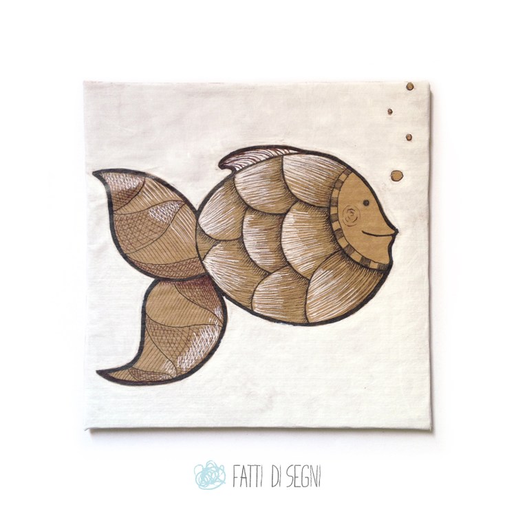 quadro su cartone rivestito di carta da pacchi realizzato con penne a sfera e pennarelli.